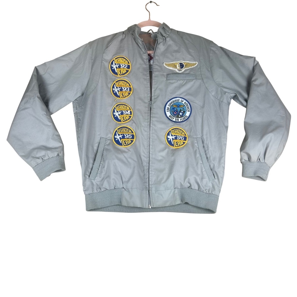 Vintage Horizon Outerwear Oshkosh EAA Flight Bomber Jacket Gray‎ Patches Small